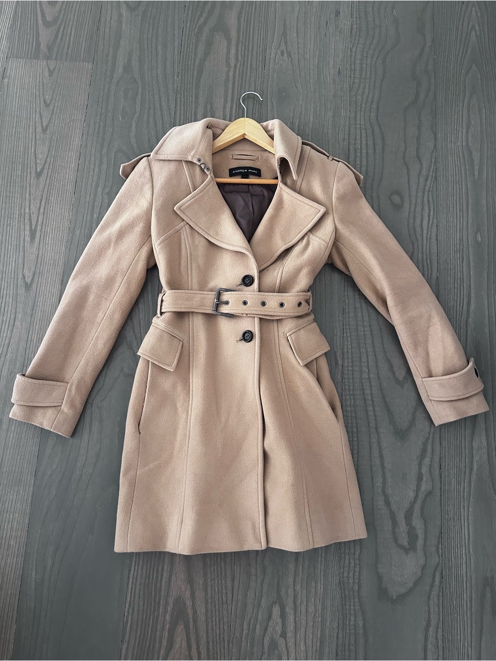 Andrew Marc Neutral Tan Belted Wool-Blend Trench Coat